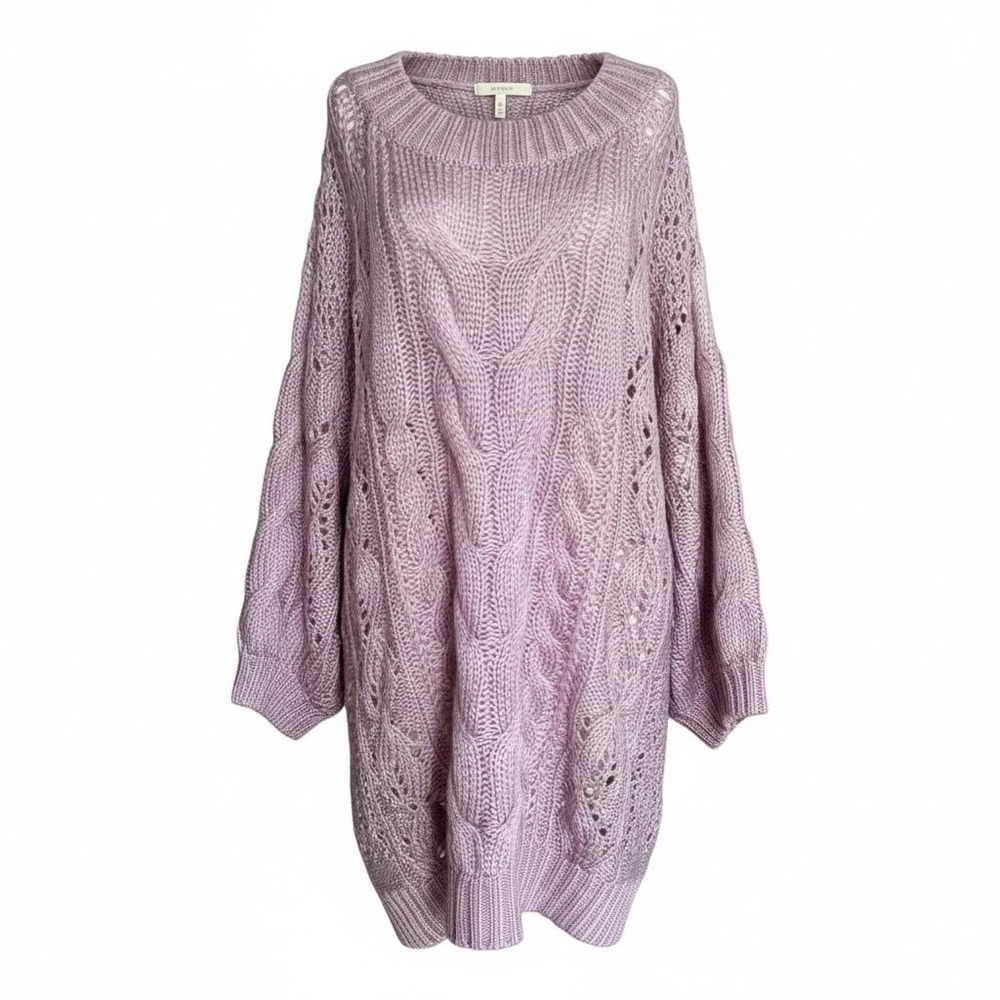Three Bird Nest Oversized Bubble Sleeve Slouchy Cable Knit Sweater Crochet L
